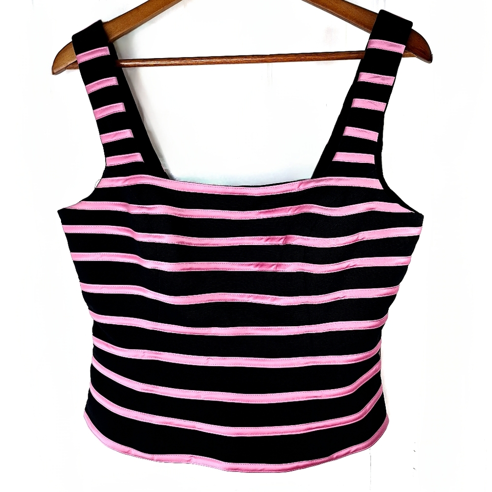 JS Collections Pink & Black Striped Fitted Sleeveless Crop Tank Top Sz 10